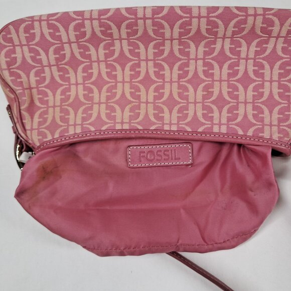 Vtg Fossil Pink Signature Jacquard Fabric Leather Trim Shoulder Demi Bag Purse - Picture 9 of 14